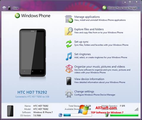 Zrzut ekranu Windows Phone Device Manager na Windows 7