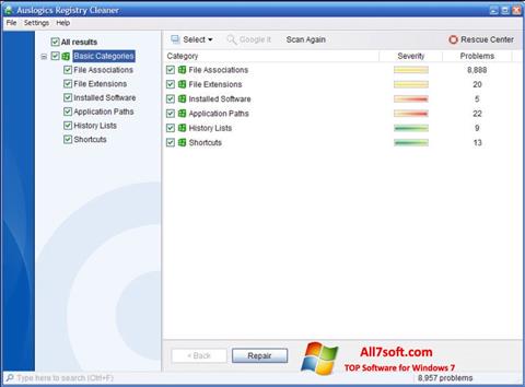 Zrzut ekranu Auslogics Registry Cleaner na Windows 7