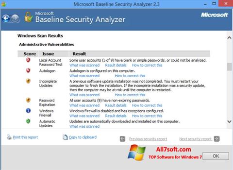 Zrzut ekranu Microsoft Baseline Security Analyzer na Windows 7