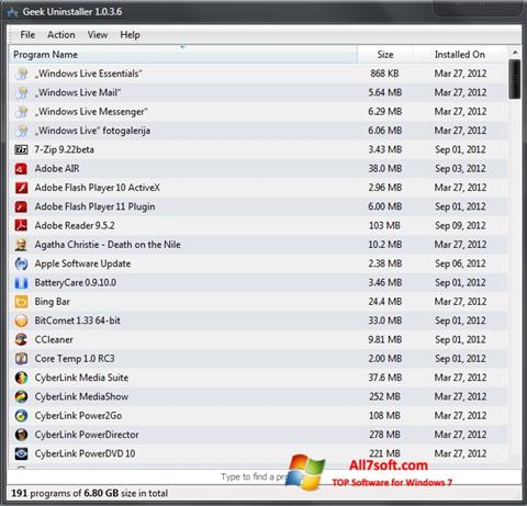 Zrzut ekranu Geek Uninstaller na Windows 7
