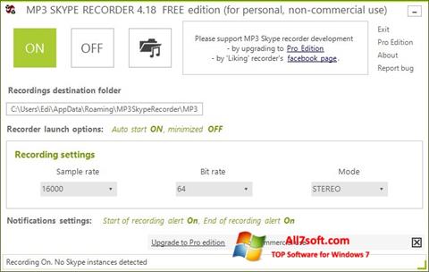 Zrzut ekranu MP3 Skype Recorder na Windows 7