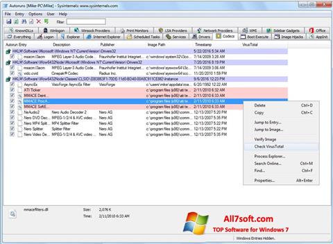Zrzut ekranu AutoRuns na Windows 7