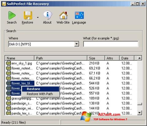 Zrzut ekranu SoftPerfect File Recovery na Windows 7