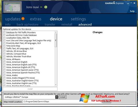Zrzut ekranu Garmin Express na Windows 7