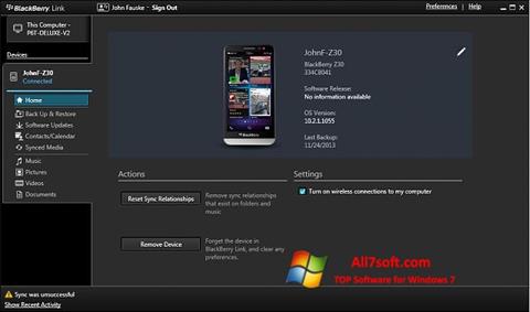 Zrzut ekranu BlackBerry Link na Windows 7
